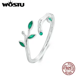 WOSTU Real 925 Sterling Silver Green Leaf Opening Ring For Women Unique Party Cocktail Rings Spring Stackable Jewelry Gift Fine