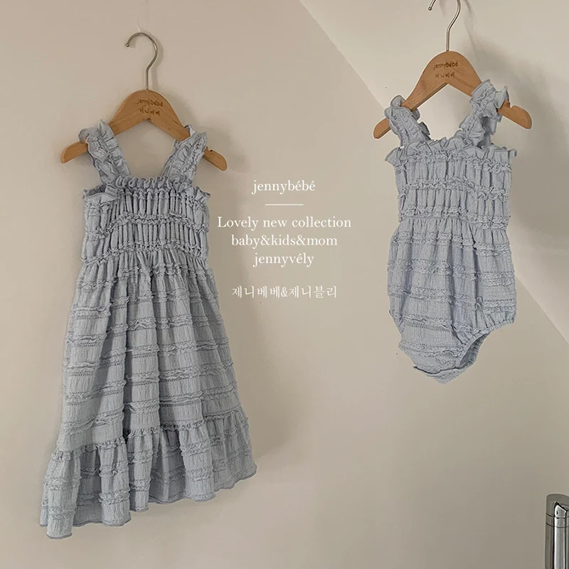 2024 New Summer Kids Princess Dresses Sleeveless Cotton Solid Color Baby Girl Party Dress Infant Baby Romper Sister Clothing