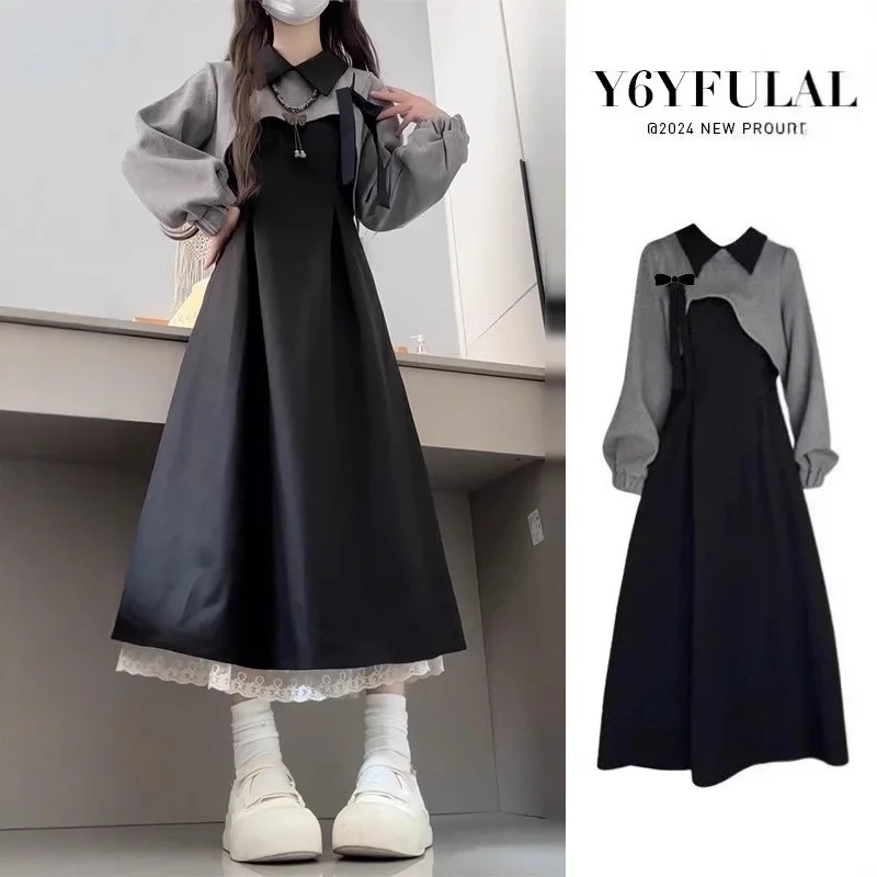 

Women Dress Set 2025 Autumn Winter New French Style Black Long Sleeve Dress Short Stature One Set Outfit For Early Autumn Women