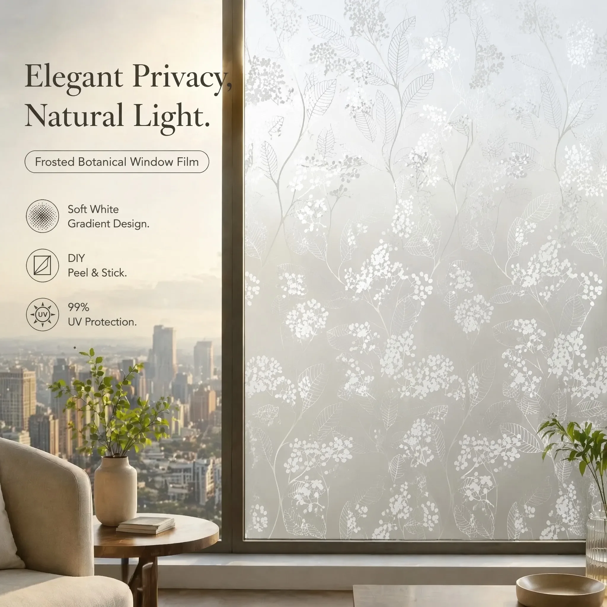 Botanical Leaf Berry Frosted Window Film Self-Adhesive Waterproof UV Block Removable No Residue Privacy Glass Sticker for Home D