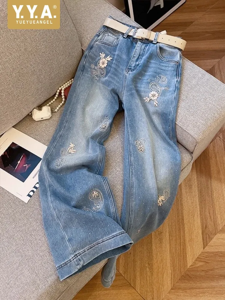 New Designer Women Floral Eombroidery Jeans Winter Fleece Lining Warm Wide Leg Pants Casual Long Trousers Streetwear Denim Pants