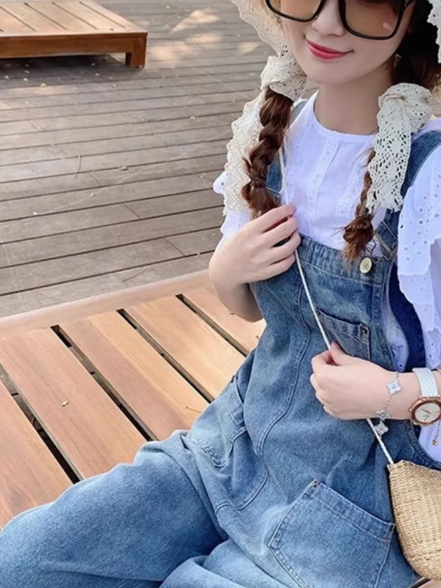 

Cool Salt Series Women's Denim Overalls High Street Loose Fit Youthful Small Stature Wide Leg Jumpsuit Korean Sle Waed Jeans