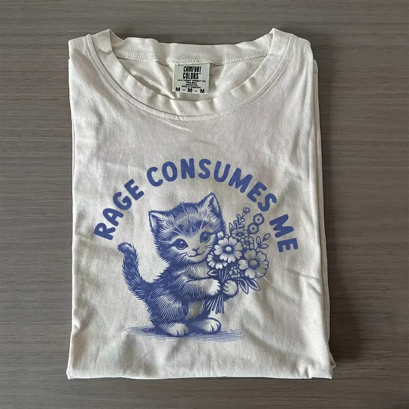 

Y2k Women T-Shirt Vintage Cute Cartoon Cat Print Trendy Chic New Tee Top Solid Color Clothes Pure Cotton Oversize Street Wear