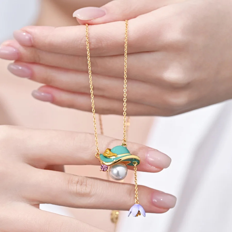 New Fashion Cute Enamel Glaze Green Top Hat White Glass Pearl Violet Flower Tassel Necklace High-end Jewelry
