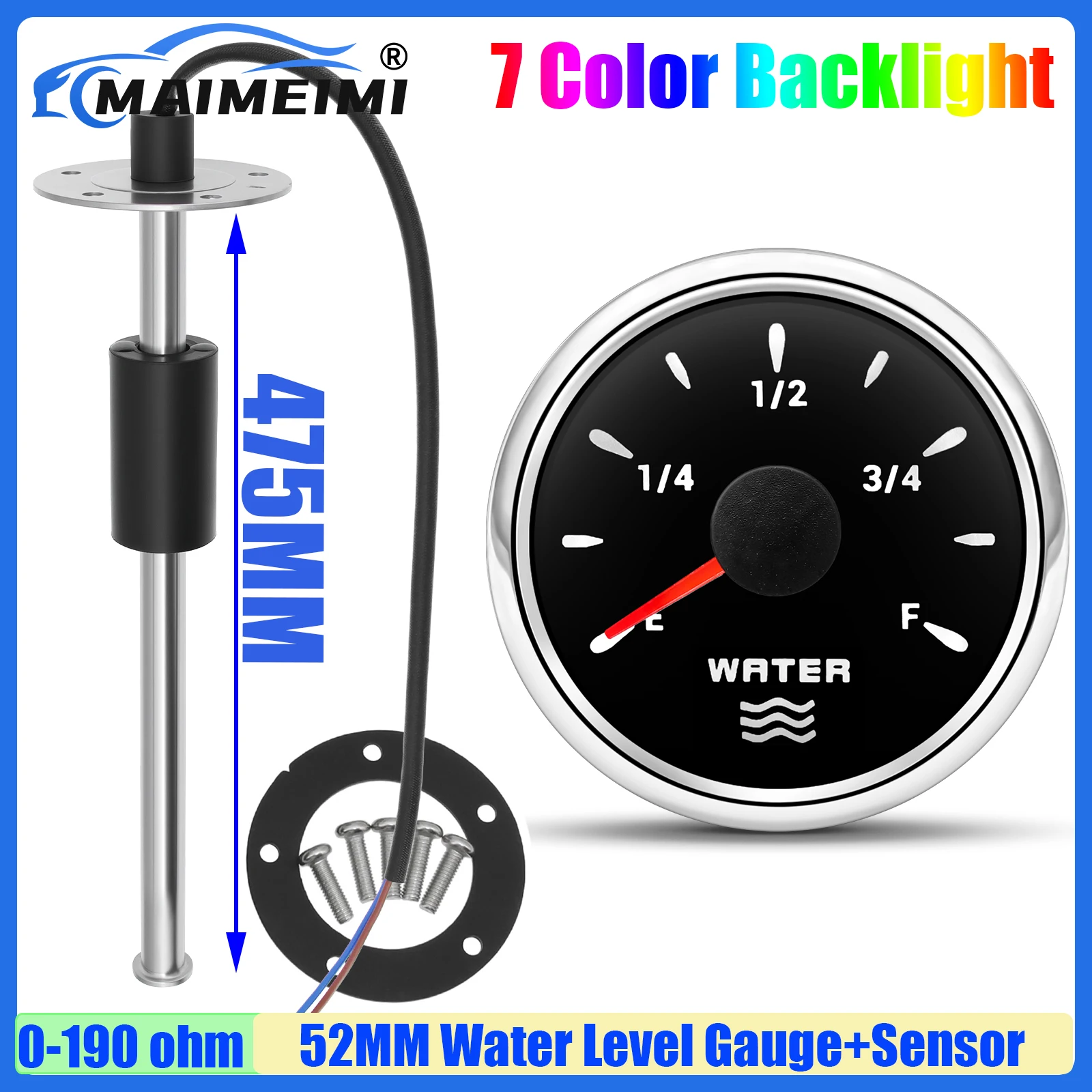 0-190Ohm Wasserstandssensor 52mm Wasserstandsanzeige mit 7-Farben-LED Wassertank-Messgerät für Marine Yacht Boot Auto 12V24V