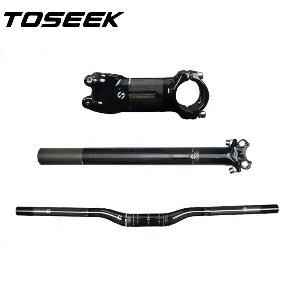 TOSEEK Glossy 3K Carbon Bike Mountain Handlebars Sets Rise or Flat Handlebar Stem Seatpost Cycling Parts MTB Bicycle Parts