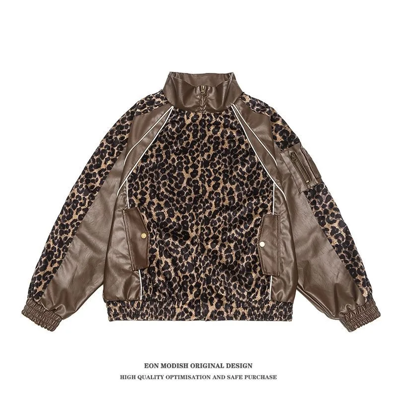 

Autumn new real shot American street tide retro leopard print splicing PU leather jacket for men and women