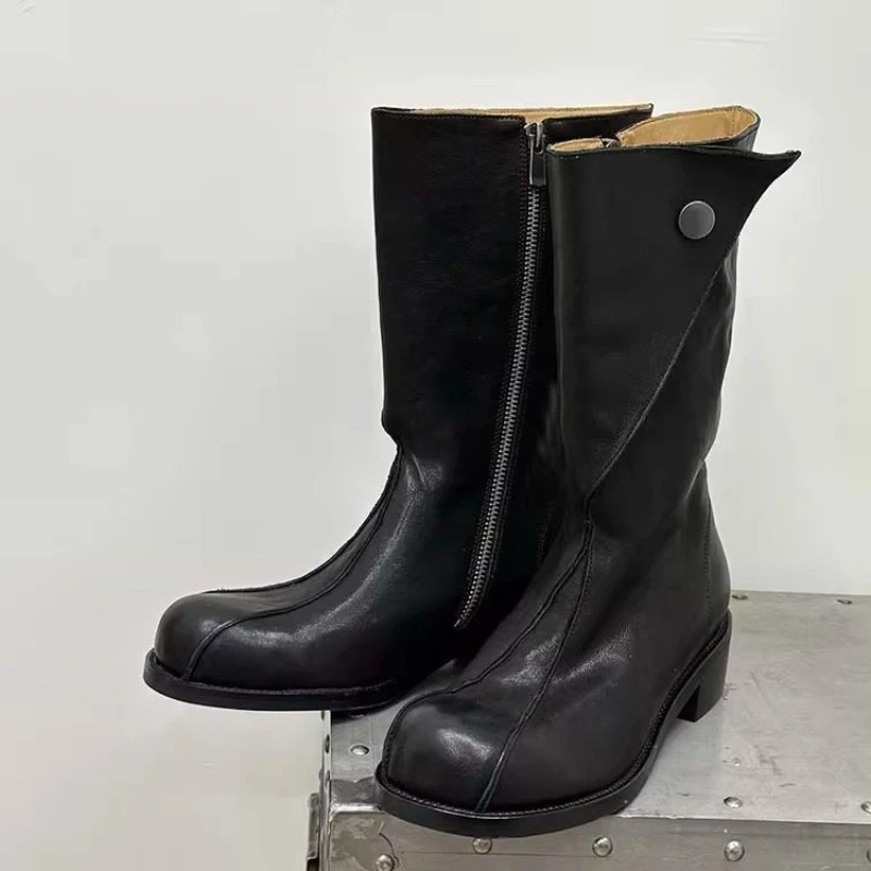 

Новый дизайн, черные высокие сапоги из натуральной кожи премиум-класса с круглым носком, женская обувь, уличные модные рыцарские сапоги «Челси» для верховой езды, женские