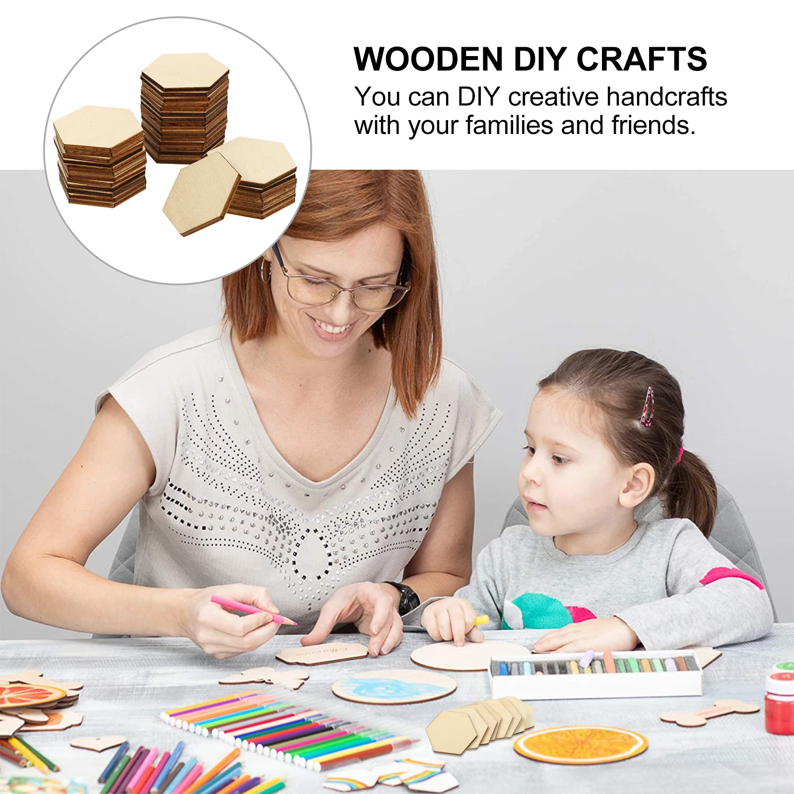 

50pc Wood Chip Decorations Premium Wooden DIY Crafts Beech Hexagon Shapes Durable Smooth Touch Party Wedding Christmas Hanging
