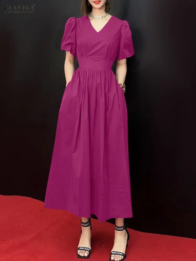 

ZANZEA Women's Elegant Midi Party Dresses V-Neck Short Puff Sleeve Fitted Waist A-Line Dress Evening Cocktail Woman Clothes 3XL