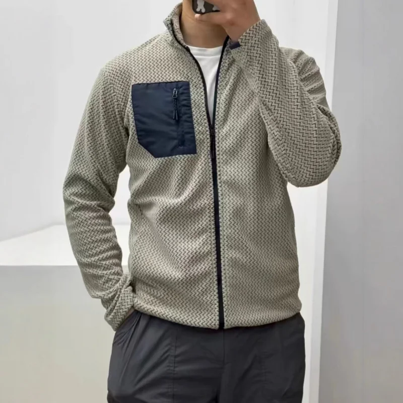 Unisex Zipper Fleece Jacket Wavy Pattern Long Sleeve Comfortable Outdoor Sports Sweatshirt Men Women