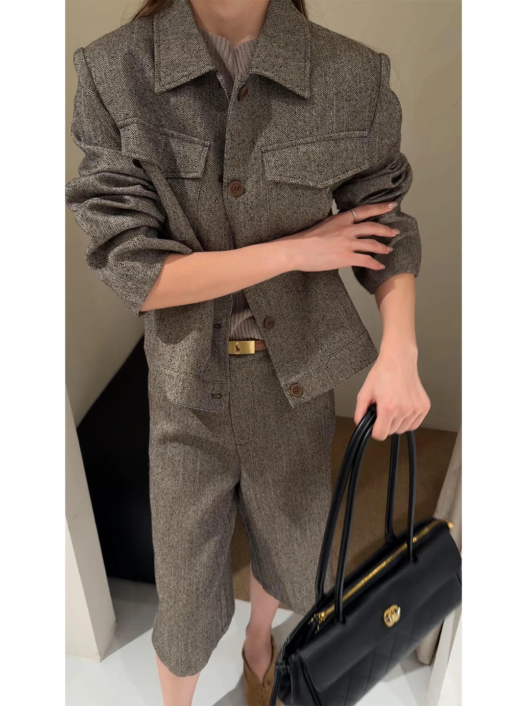 Vintage Women's Suit Set Two-Piece Casual Style High Waist Pants Button up Jacket for Autumn Winter Spring And Summer