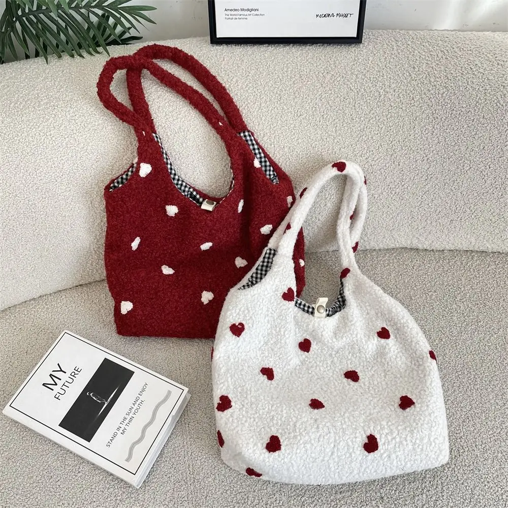 

Creative Cusual Embroidery Flower Tote Bag Large Capacity Love Heart Underarm Bag Soft All-match Fluffy Shoulder Bag Shopping