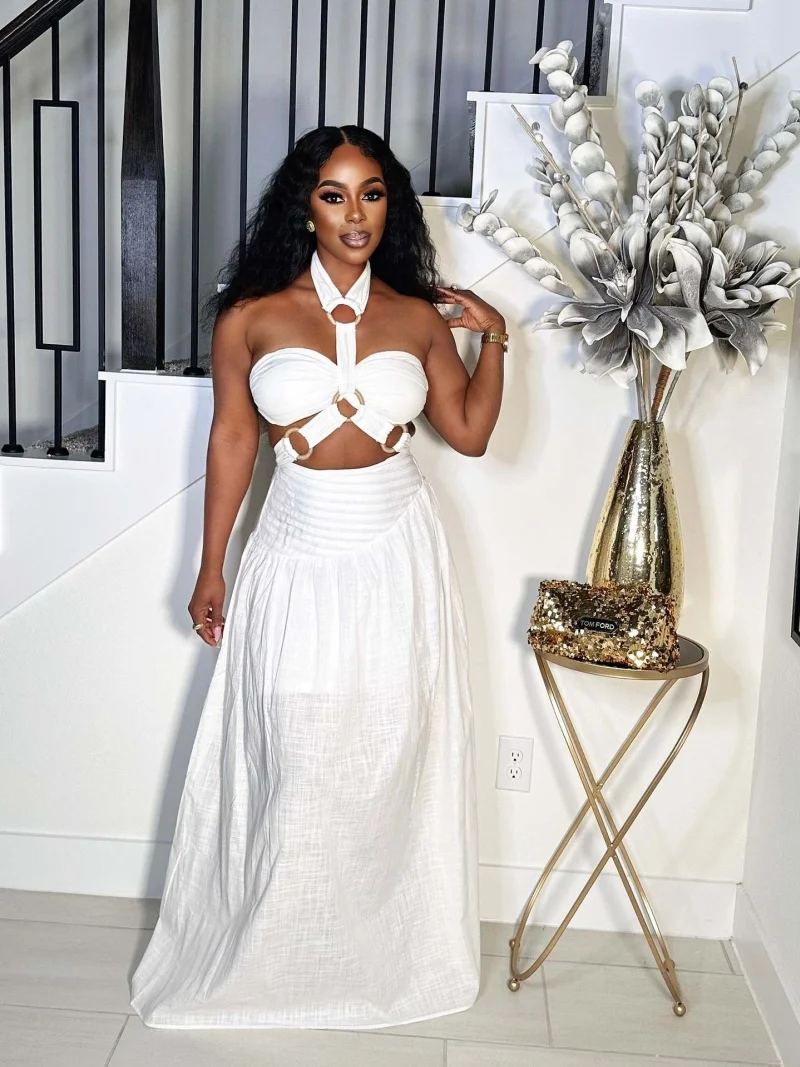 

Sexy 2 Piece Sets Women Outfit Summer Clothes Women Backless Bandage Halter Vest Top Long Skirt Sets Beach Two Pieces Dress Sets