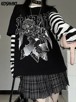 Grunge Sahte Iki Adet Patchwork Y2k Harajuku Tişörtleri Uzun Kollu Mektup Baskı T-shirt Büyük Boy Rahat Japon Kadın Tees Tops