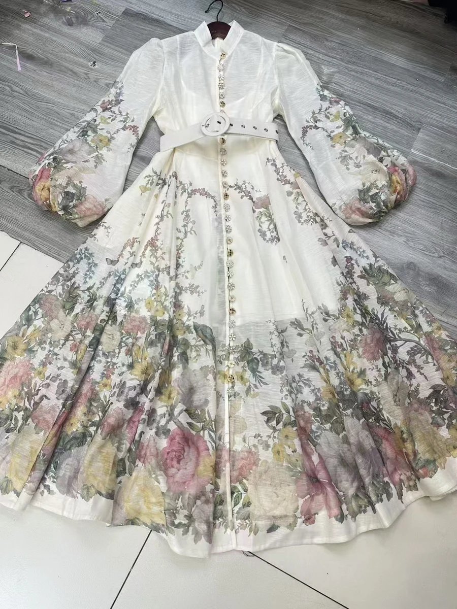 

Summer Autumn Australian Cotton Linen Court Style Long Sleeve Flower Print Dress Women Holiday Dress Elegant Classy Fashionable