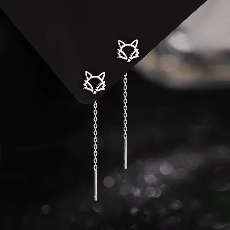 Simple Temperament 925 Sterling Silver Hollow Fox Threader Earrings for Women Fox Chain Tassel Dangle Earrings for Women Jewelry