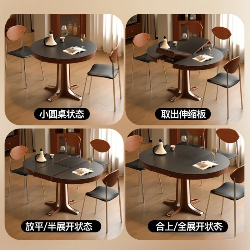 Wood and rock slab retractable dining table oval folding round table household small apartment table