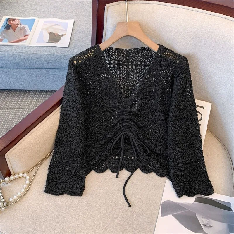 Women Knit Pullover Korean Fashion Style Spring Summer Loose Laced Up Thin Sweater Hollow Out Drawstring Pleated Female Clothing