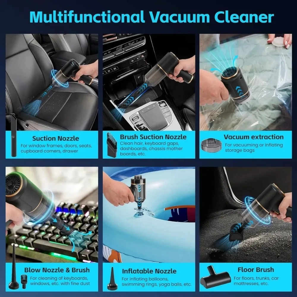 Aspiradora de mano inalámbrica de 50W para uso en seco y húmedo con 9 accesorios, 3000mAh y puerto Tipo-C – Ideal para coche, oficina y hogar, perfecta para recoger derrames rápidamente, limpiar rincones y es ligera y portátil para la limpieza diaria.