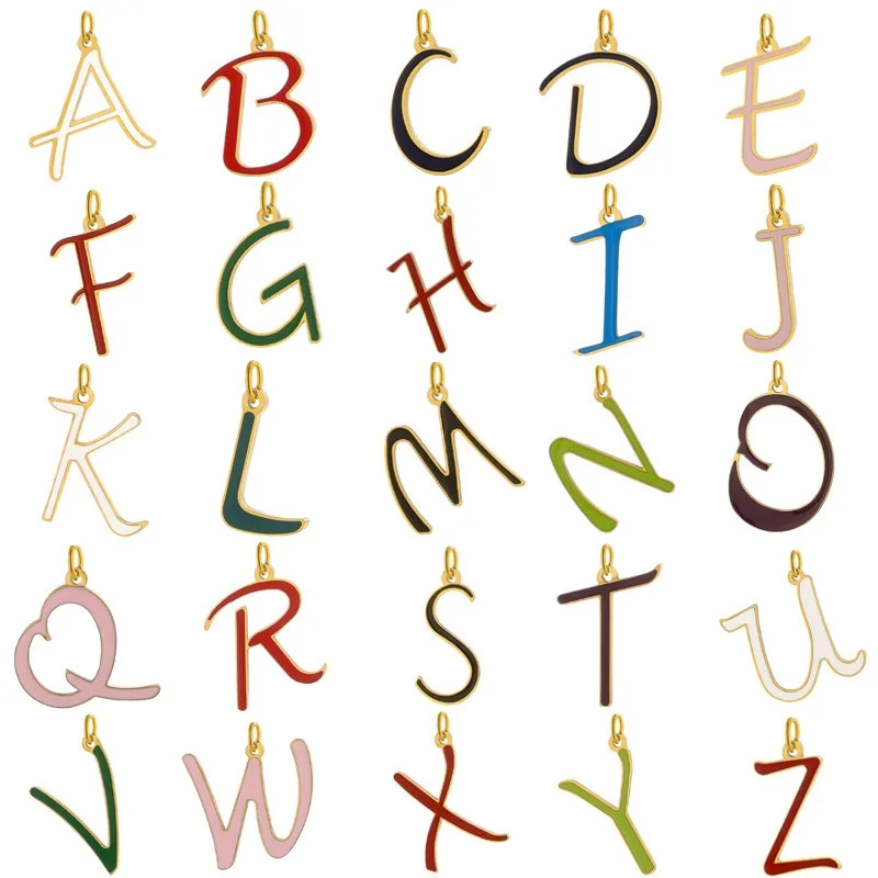 Pendentif avec initiale en calligraphie, en acier inoxydable plaqué or 18 carats, avec émail coloré, lettres de A à Z, pour la création de bijoux DIY