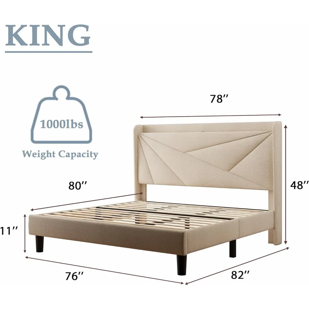 King Bed Frame, Upholstered Platform Bed Frame with Type-C&Ports, Wingback Shelf, Solid Wood Slats Support, No Box Spring Needed