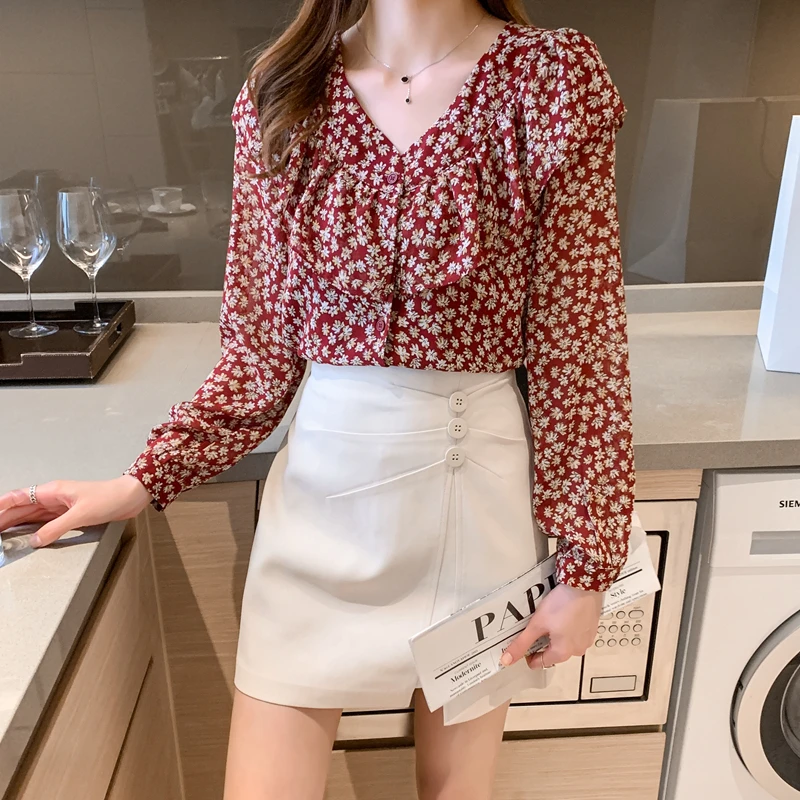 Women Clothing Vintage V-neck Long Sleeve Tops Autumn Fashion Easy Matching Office Lady Blouse Loose Casual Chiffon Shirts