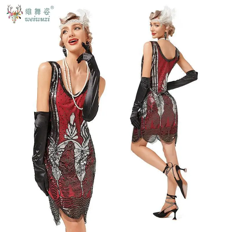 Лидер продаж, без рукавов, с круглым вырезом, высококачественное банкетное вечернее платье с блестками и жемчугом, ретро-тематический сценический костюм