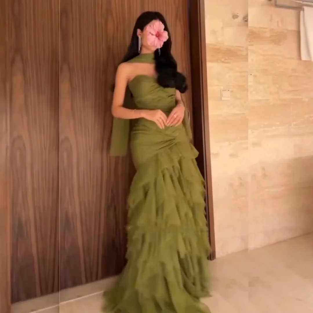 Customized Fashion Net Pleat Trumpet Strapless Long Dresses Bespoke Occasion Dresses Exquisite Sizes Available