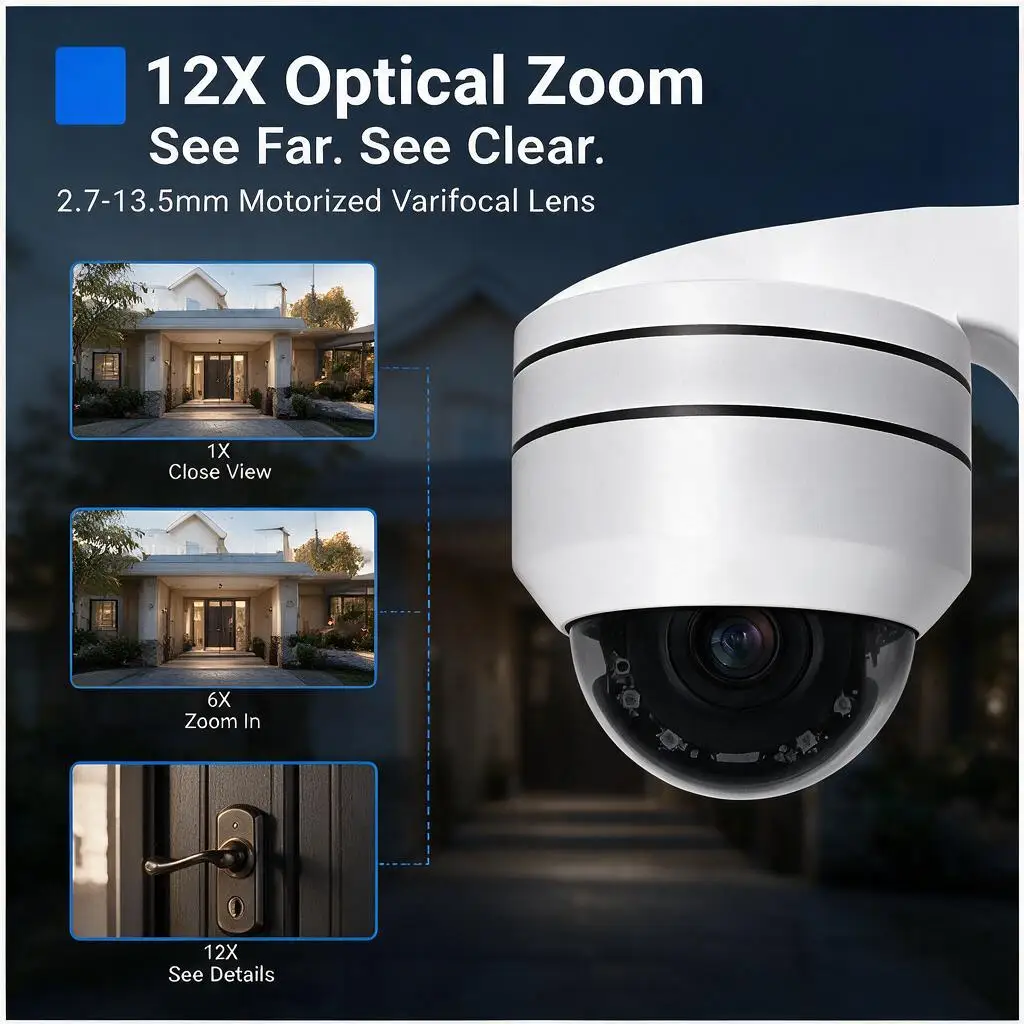 Outdoor 8MP 4K PTZ Dome Camera with POE Waterproof Onvif 10X Optical Zoom P2P Infrared Night Vision and Human Detection