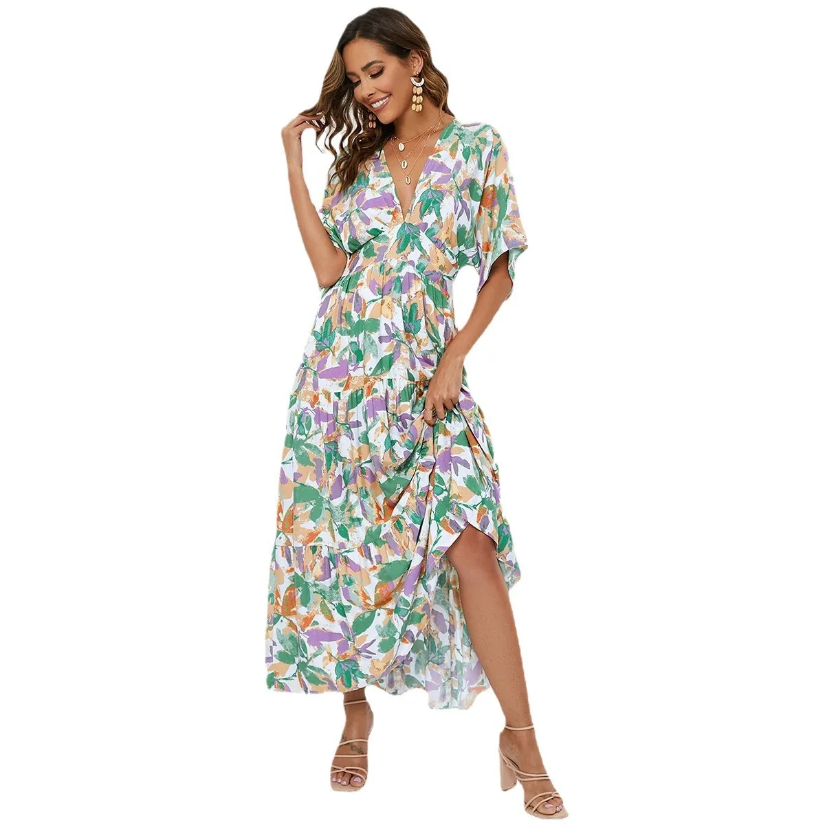 Women Backless Holiday Beach Dress Sexy Floral Print Deep V Neck Chiffon Dress Elegant Bat-sleeve High Waist Pleated Party Dress