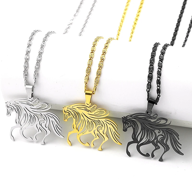 Collar de cadena con diseño original de caballo para mujeres y hombres, de acero inoxidable, color plateado, con diseño artístico de galope, collar de poni, joyería, regalos.