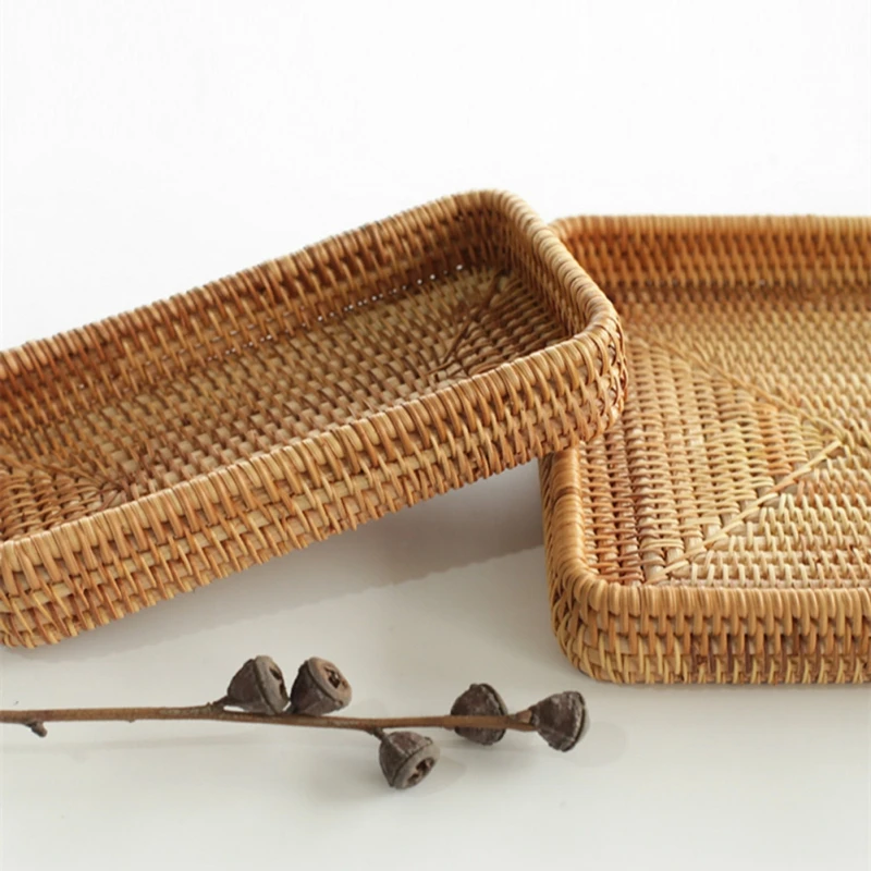 Storage Basket Hand-Woven Kitchen Supplies Rectangular Rattan Wicker Basket Household Tools Woven Container Rattan