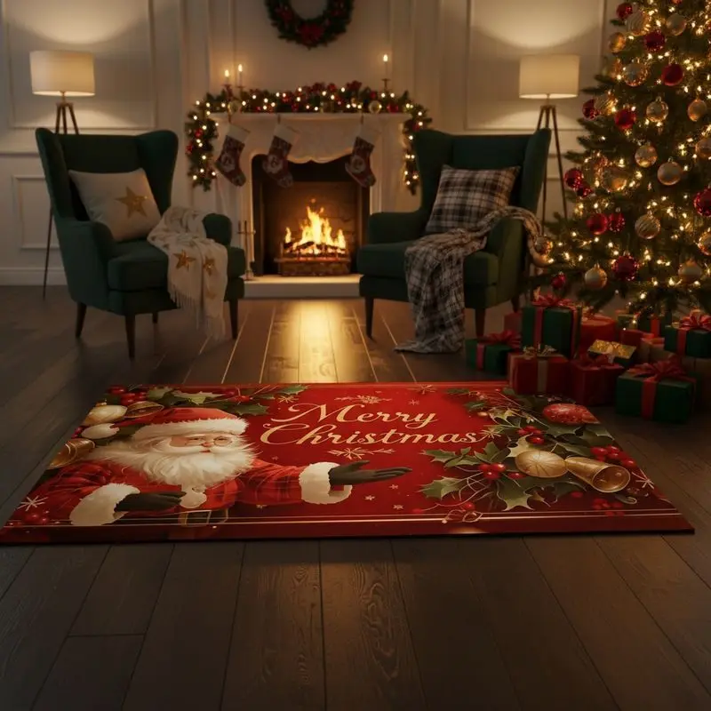 VIKAMA Santa Claus Doormat Merry Christmas Golden Bell Holly Berry Non Slip Floor Mat Entryway Porch Festive Winter Home Decor