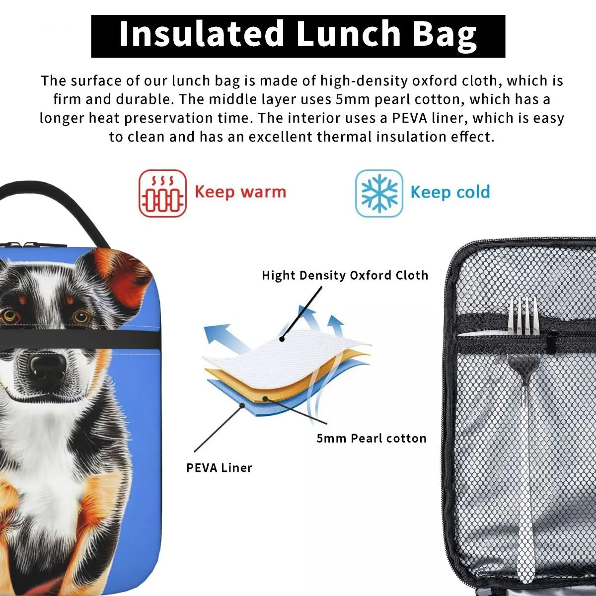 Cute Australian Cattle Dog Puppy Insulated Lunch Bag for Women Kids Leakproof Food Boxes Thermal Lunch Box Tote
