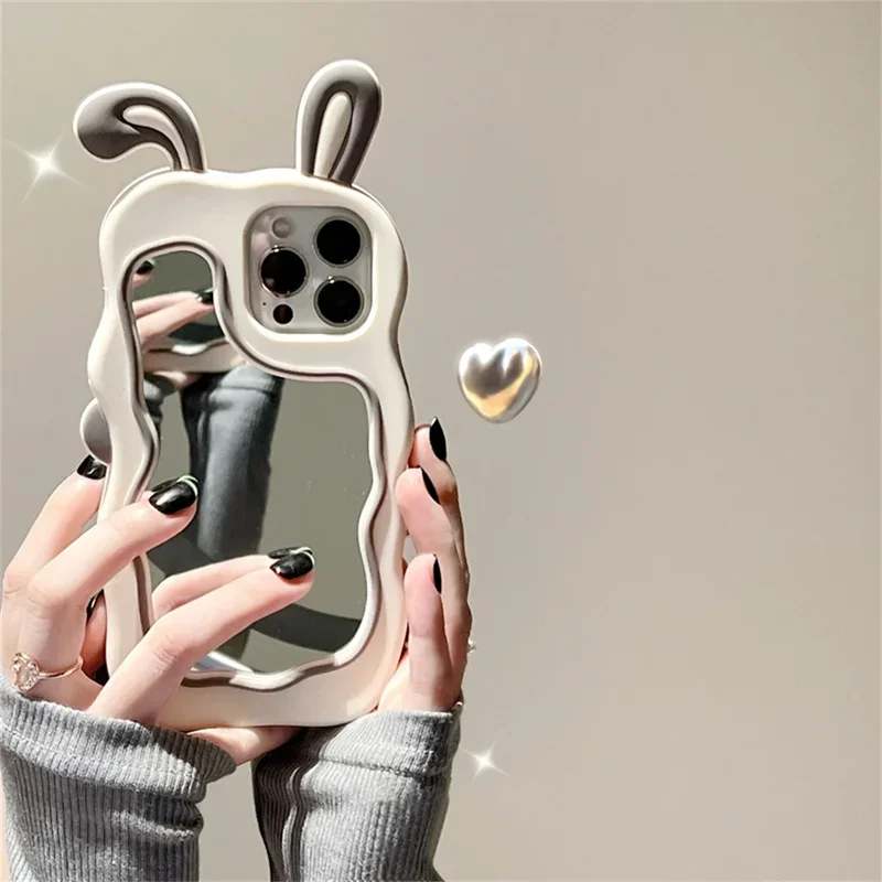 

Cute bunny ears Mirror phone case for iPhone 15 14 plus 13 12 11 pro Max shockproof silicone case