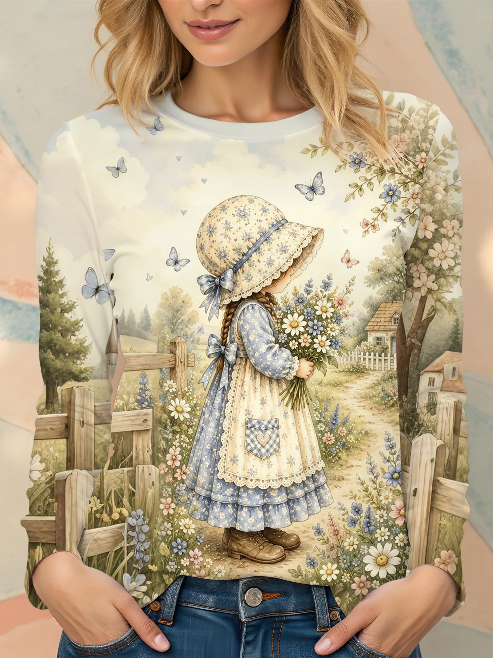 Women Long Sleeve T Shirt Vintage Country Girl Floral Butterfly Print Soft Breathable Casual Daily Autumn Fashion Women's Top