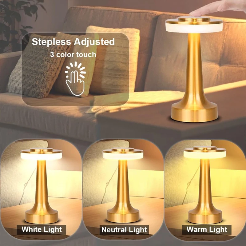 Portable LED Table Lamp 3-Levels Brightness Metal Desk Lamp 3 Colors Touch Control Rechargeable Night Light Bedside Lamp