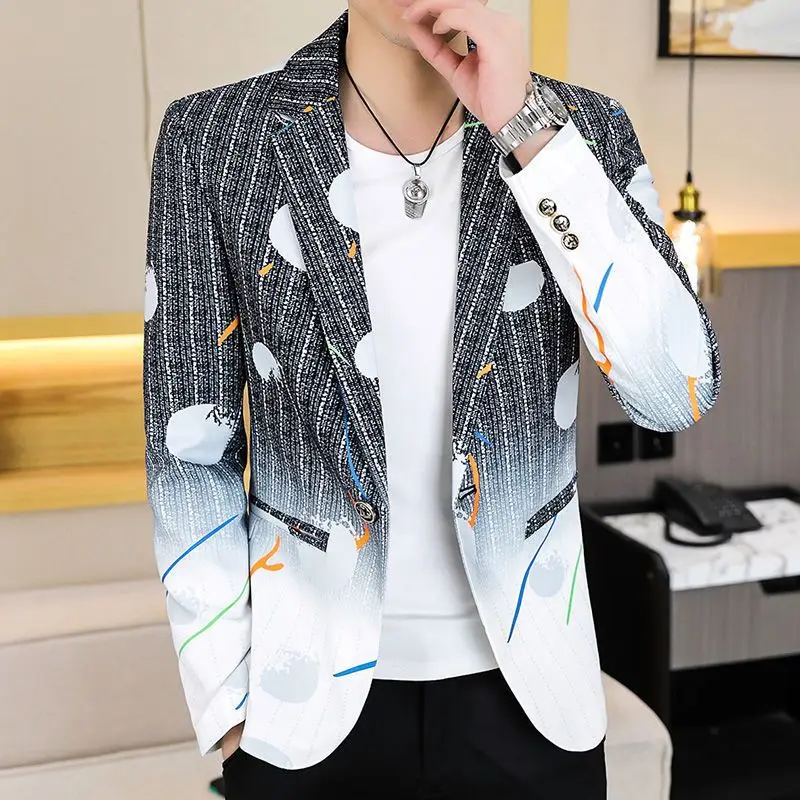 2-A41 Men's suit jacket spring and autumn trend slim fit handsome small suit men style casual handsome printed single suit