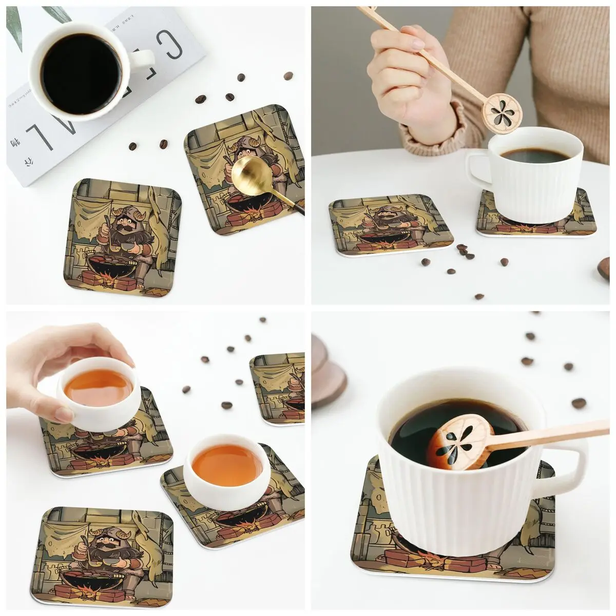 Dungeon Meshi Delicious In Dungeon - Senshi Cooking Coasters Kitchen   Insulation Cup Coffee Mats Tableware Pads Set of 4