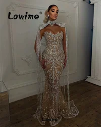 Champagne Evening Dress Luxury Celebrity Dresses 2 In 1 Mermaid Wedding Party Dress Crystals Tassel Prom Gowns Robes De Soiree