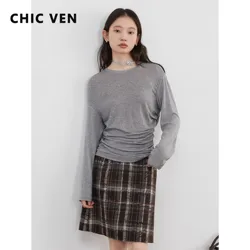 CHIC VEN Women T-Shirts Solid Long Sleeves Loose Casual New Round Neck Pleated Tees Base Female Top Spring Summer 2025