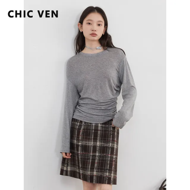 CHIC VEN T-Shirty Damskie Solidne Długie Rękawy Luźne Casualowe Nowe Okrągłe Szyje Plisowane Koszulki Podstawowe Damskie Top Wiosna Lato 2025
