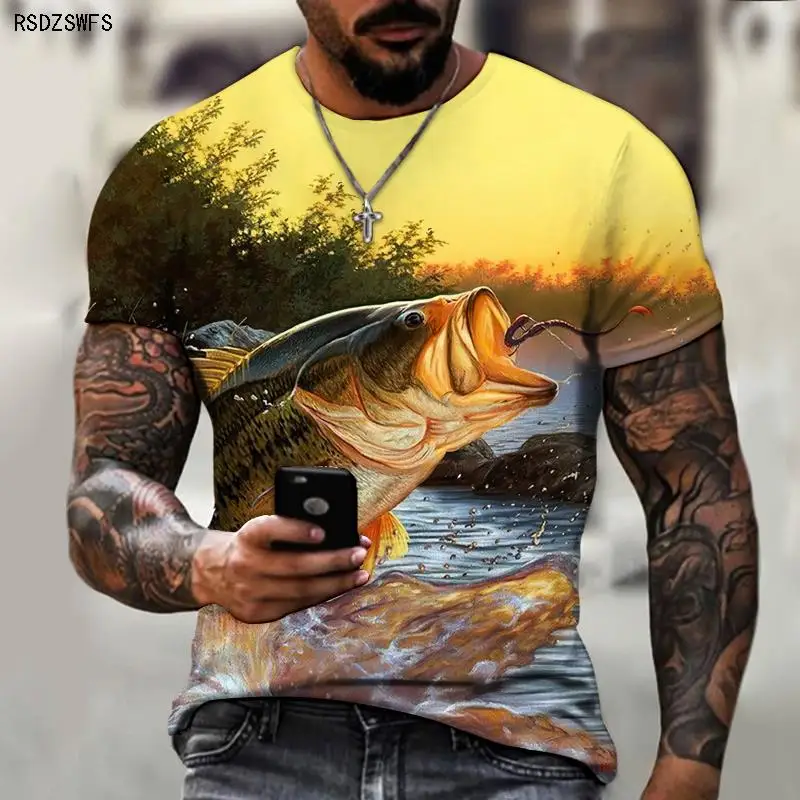 Wild Fishing 3D Printing Men\'s T-shirt, Round Neck Design, Essential Clothing For Friends Of Fishing, Casual Oversize S-5XL