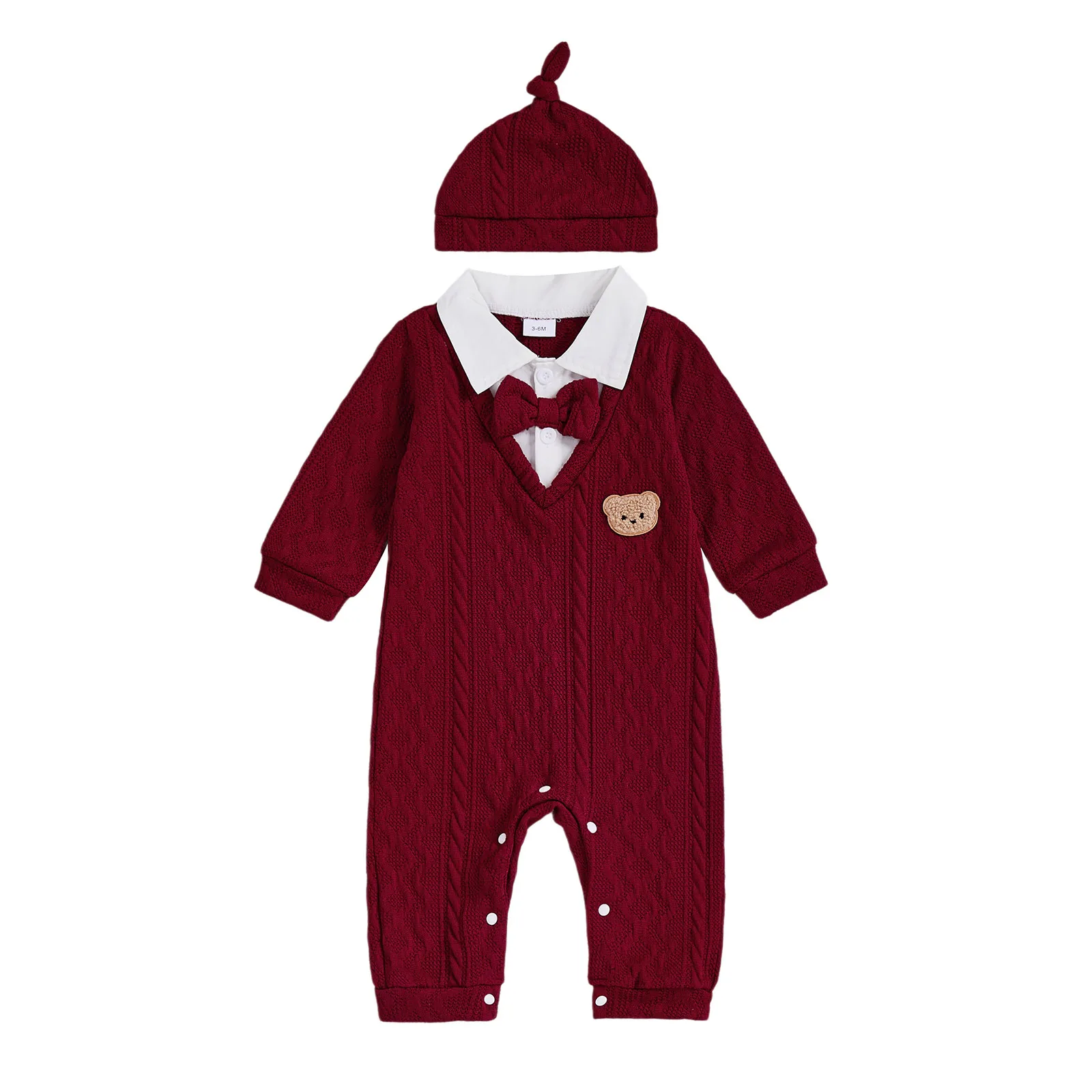 

Baby 2Pcs Fall Outfits Long Sleeve Bear Embroidery Bowtie Jumpsuit with Hat Set Newborn Clothes