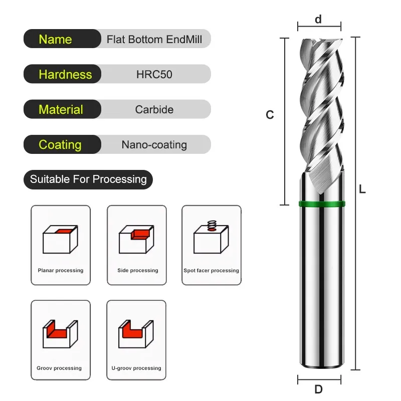 AZZKOR mesin potong baja Tungsten, mesin potong baja Tungsten untuk Aluminu, lapisan cincin warna CNC, TGH-HRC50 endmill bawah datar mekanis