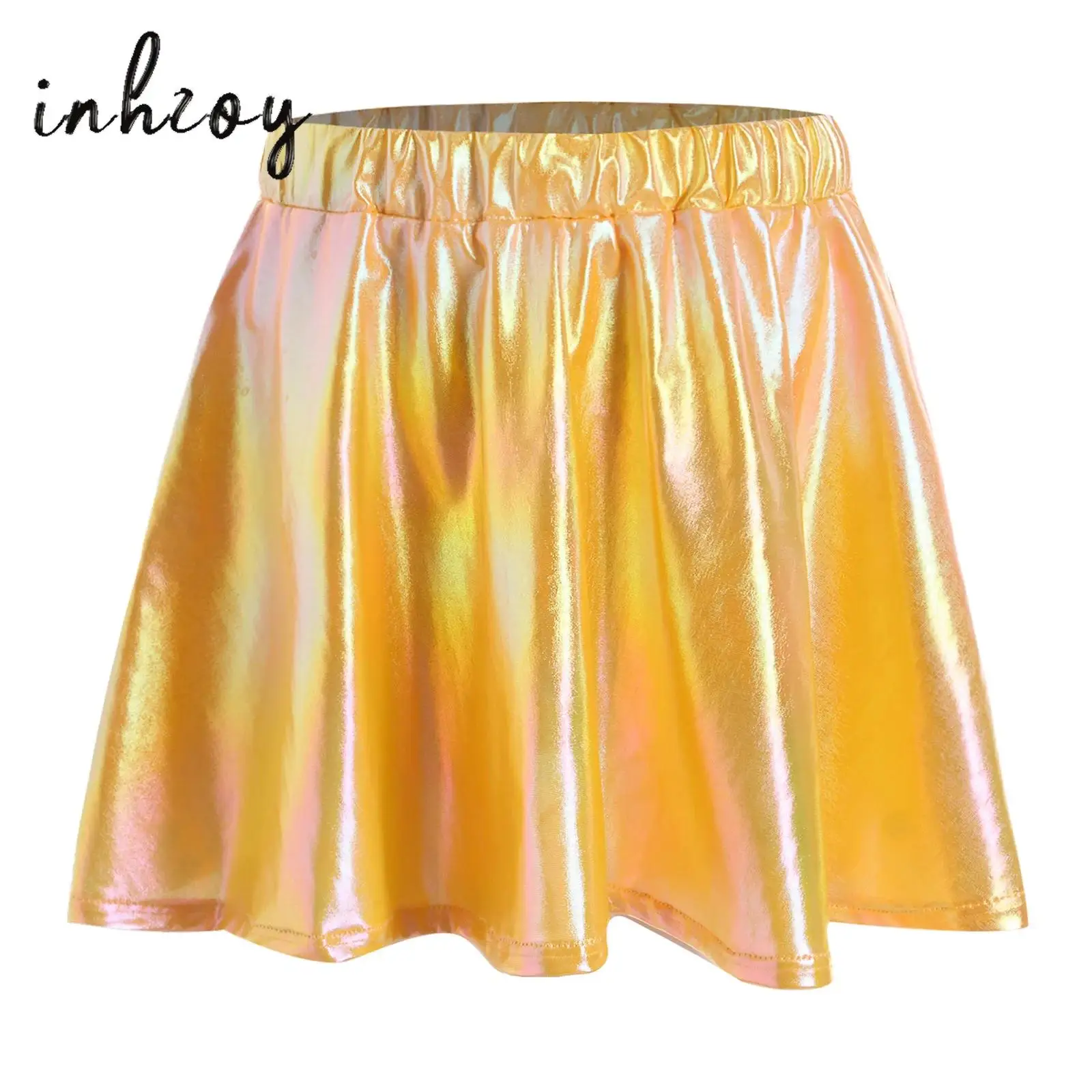 Kid Girls Glossy Metallic Flared Pleated Skirt A-line Elastic Waist Mini Skirt Cheerleader Latin Jazz Dance Performance Outfit