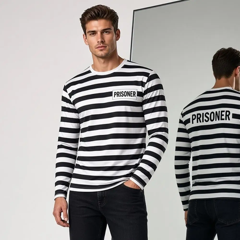 Black White Striped Prison Long Sleeve T-shirt Funny Halloween Cosplay Prisoner Costume Men Women Fashion Crew Neck Tops
