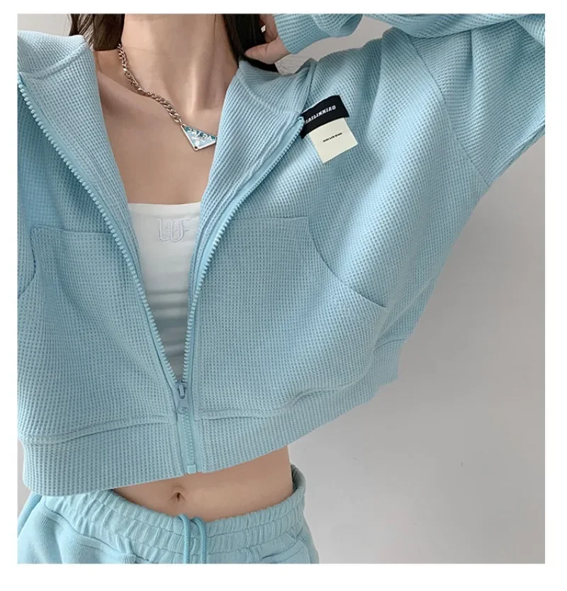 Short Zip Up Hoodie Sweatshirts Korean Fashion Long Sleeve Pocket Streetwear Clothes For Woman Y2k Solid Color Loose Spring Tops