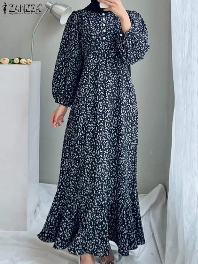 

ZANZEA Bohemian Floral Printed Muslim Dress Fashion Dubai Long Dresses Woman Puff Sleeve O Neck Maxi Robe Elegant Sundress 2023